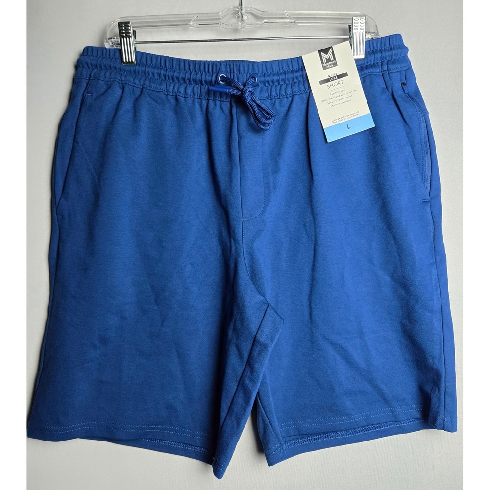 Members Mark Mens Luxe Short Blue Elastic Waist Zipper Pockets Large 9in Inseam